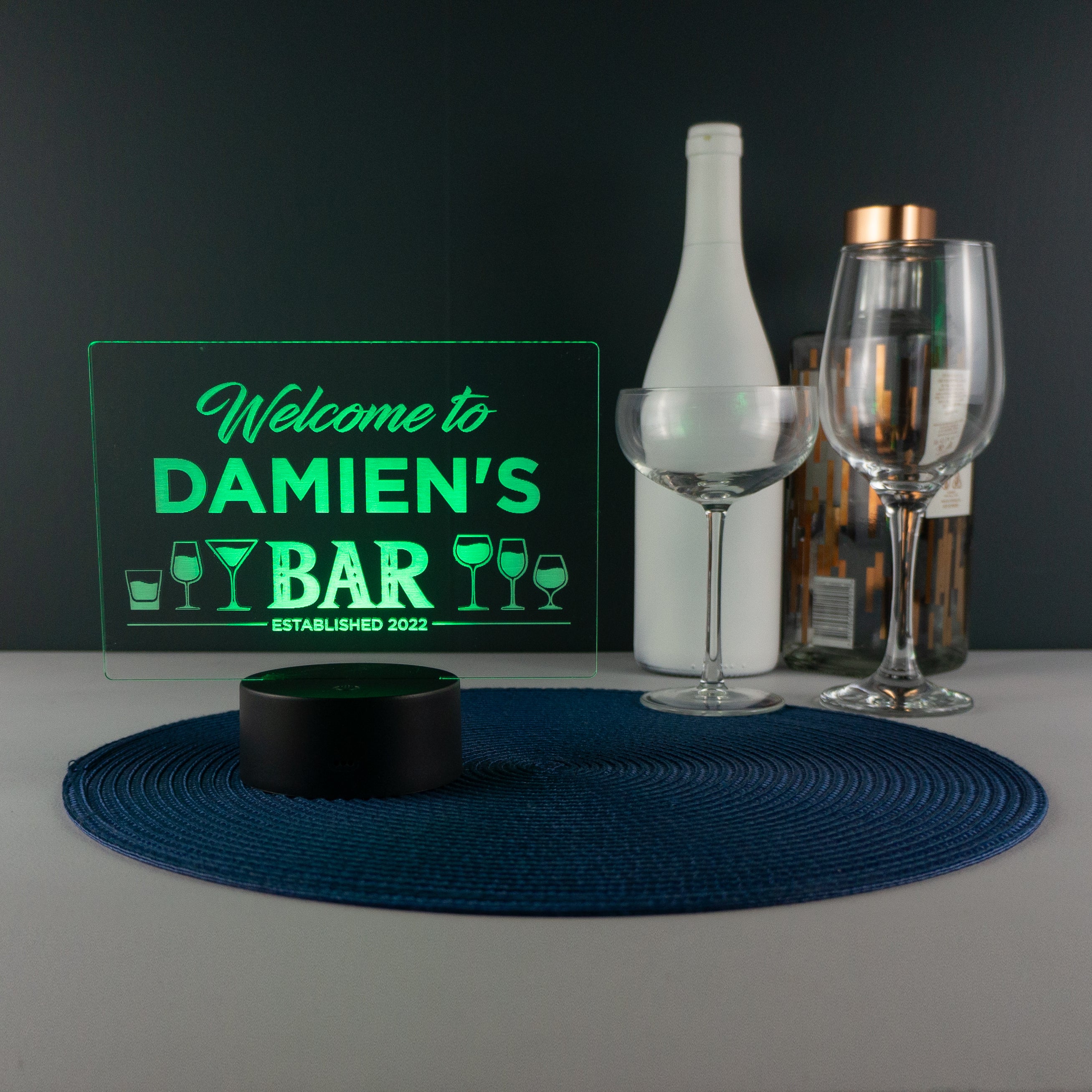 Personalised home bar sign. Custom light up LED name plaque