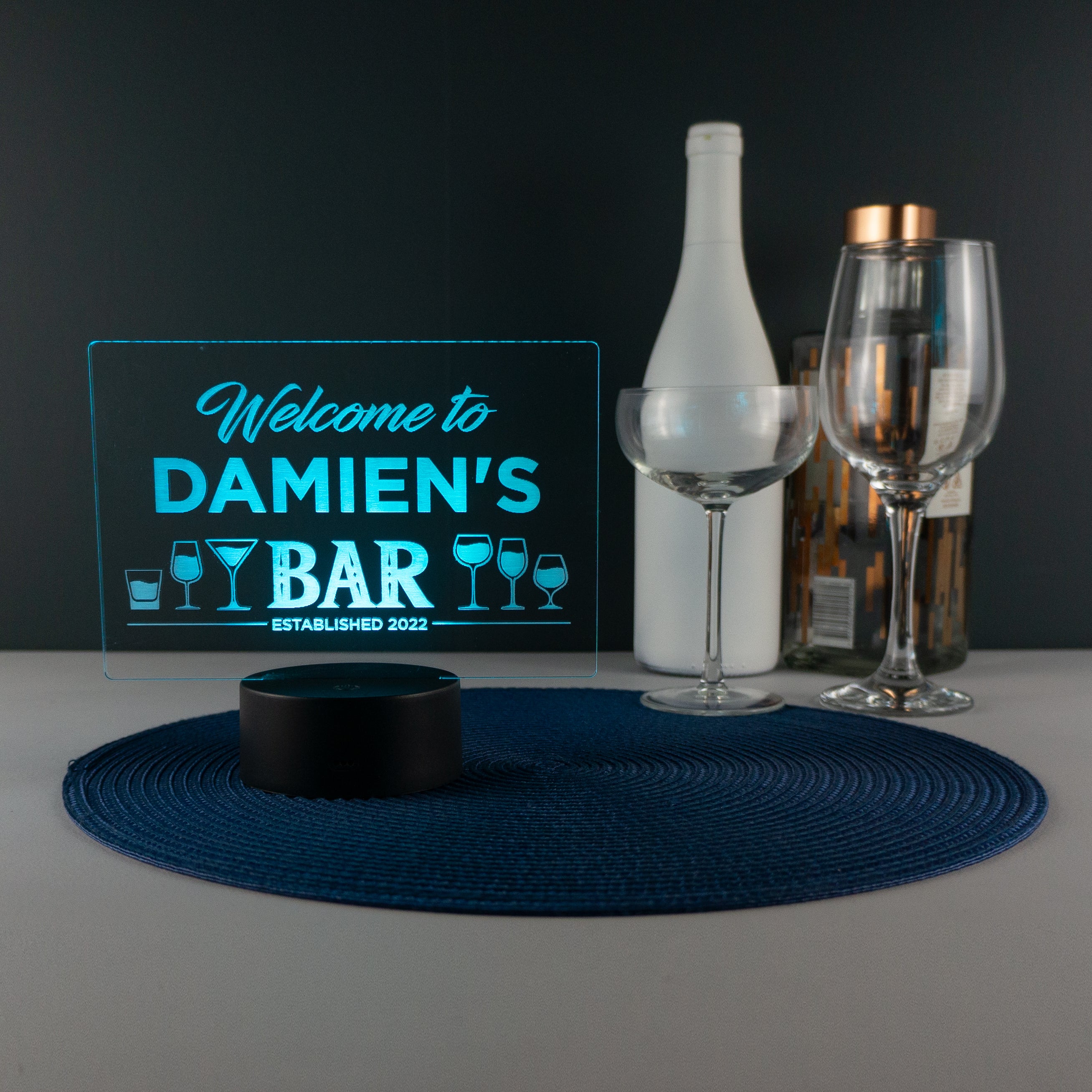 Personalised home bar sign. Custom light up LED name plaque