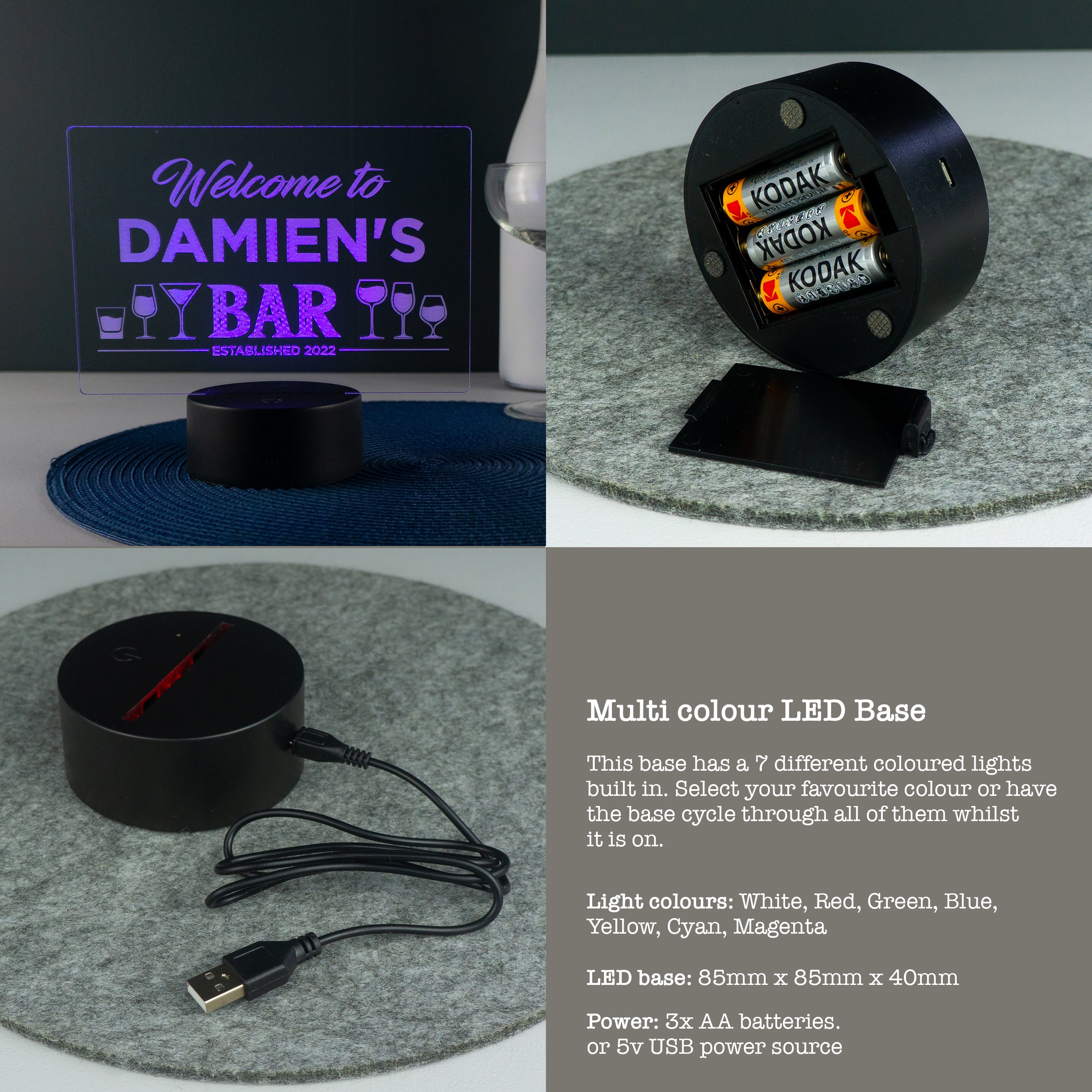 Personalised home bar sign. Custom light up LED name plaque