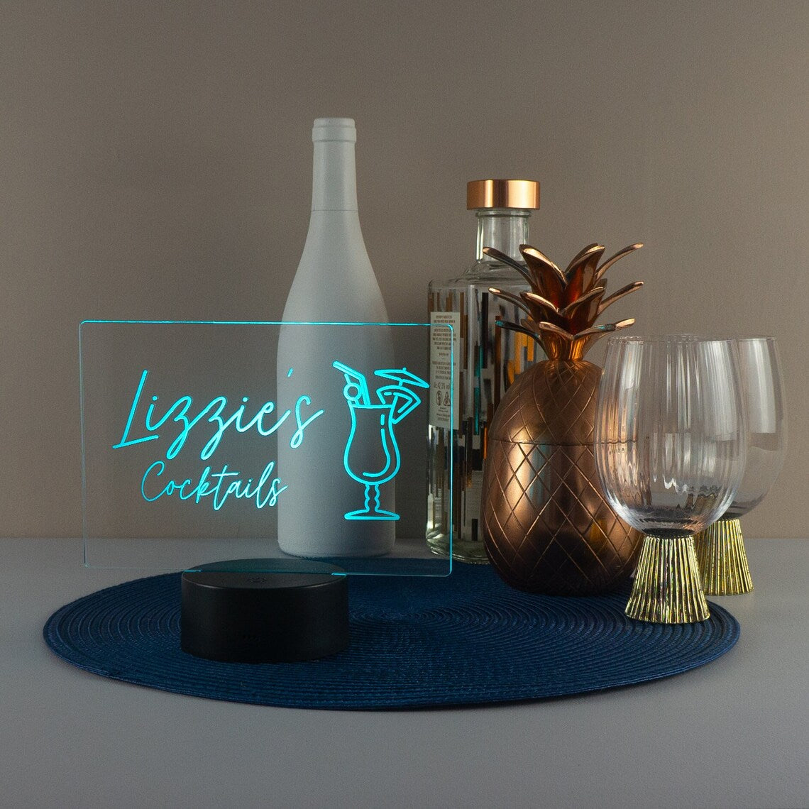 Personalised cocktail light up LED sign. Drinks trolley name plaque