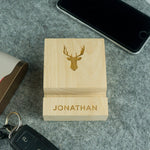 Personalised oak mobile phone stand