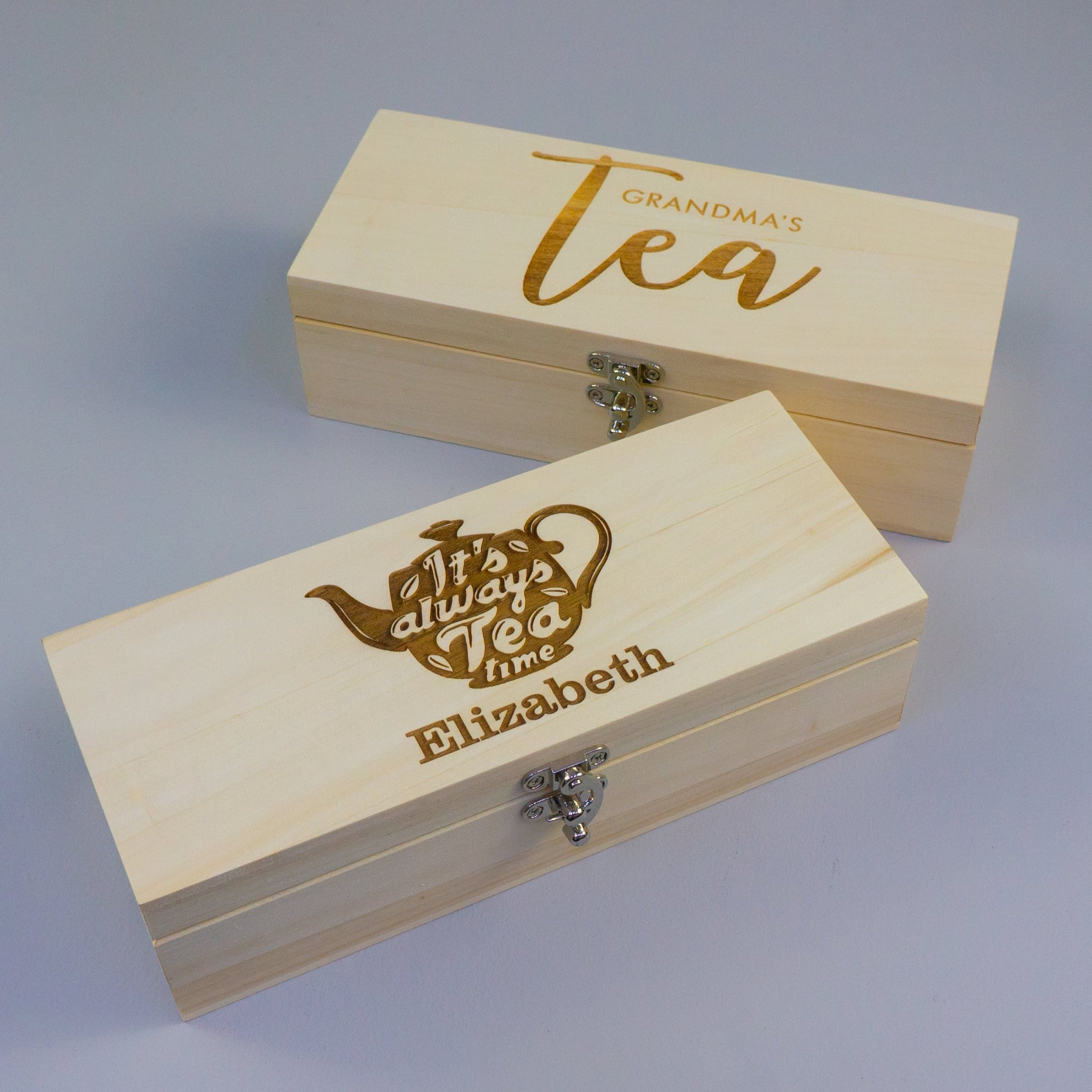 Wooden tea bag storage box. Personalised tea caddy