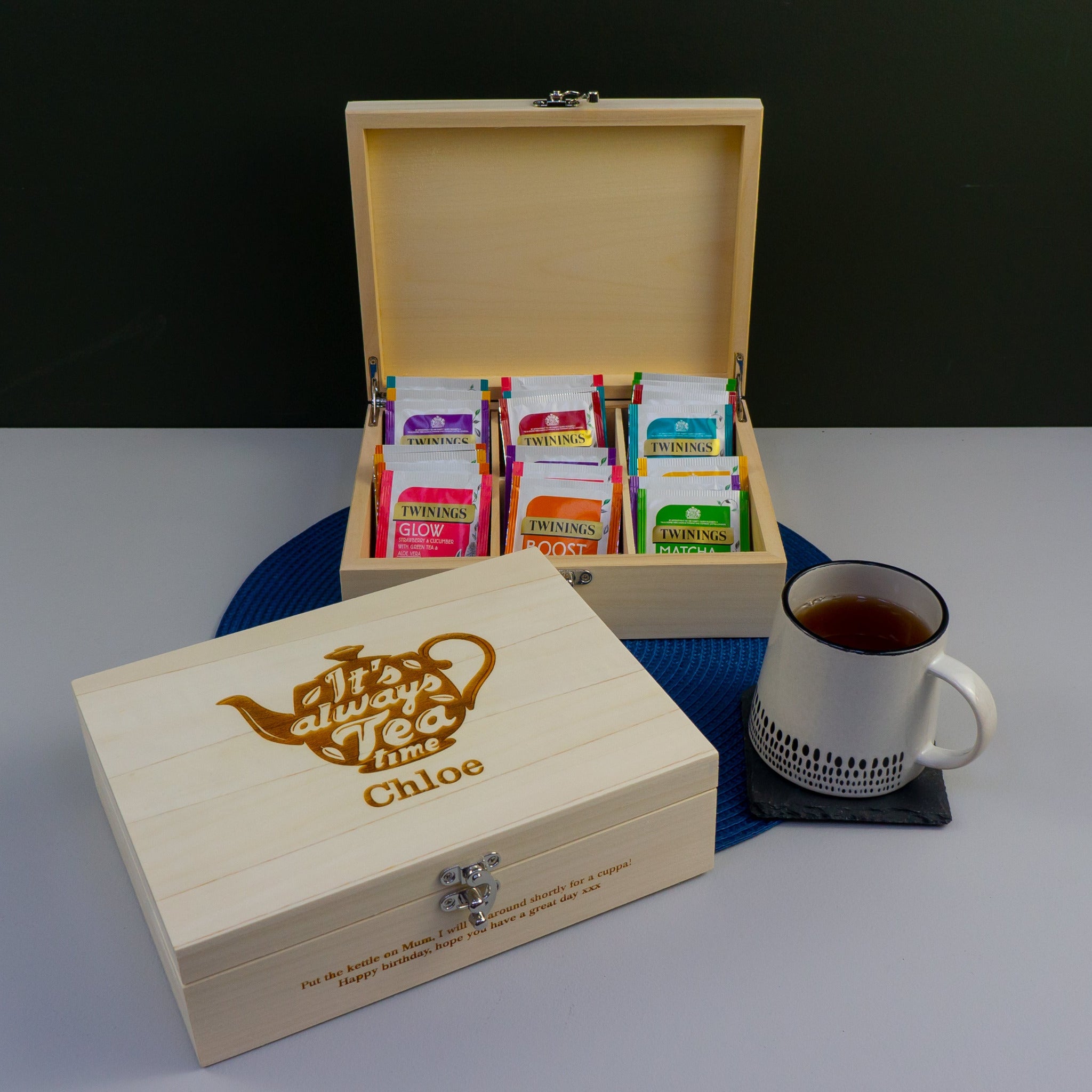 Wooden tea bag storage box. Personalised tea caddy