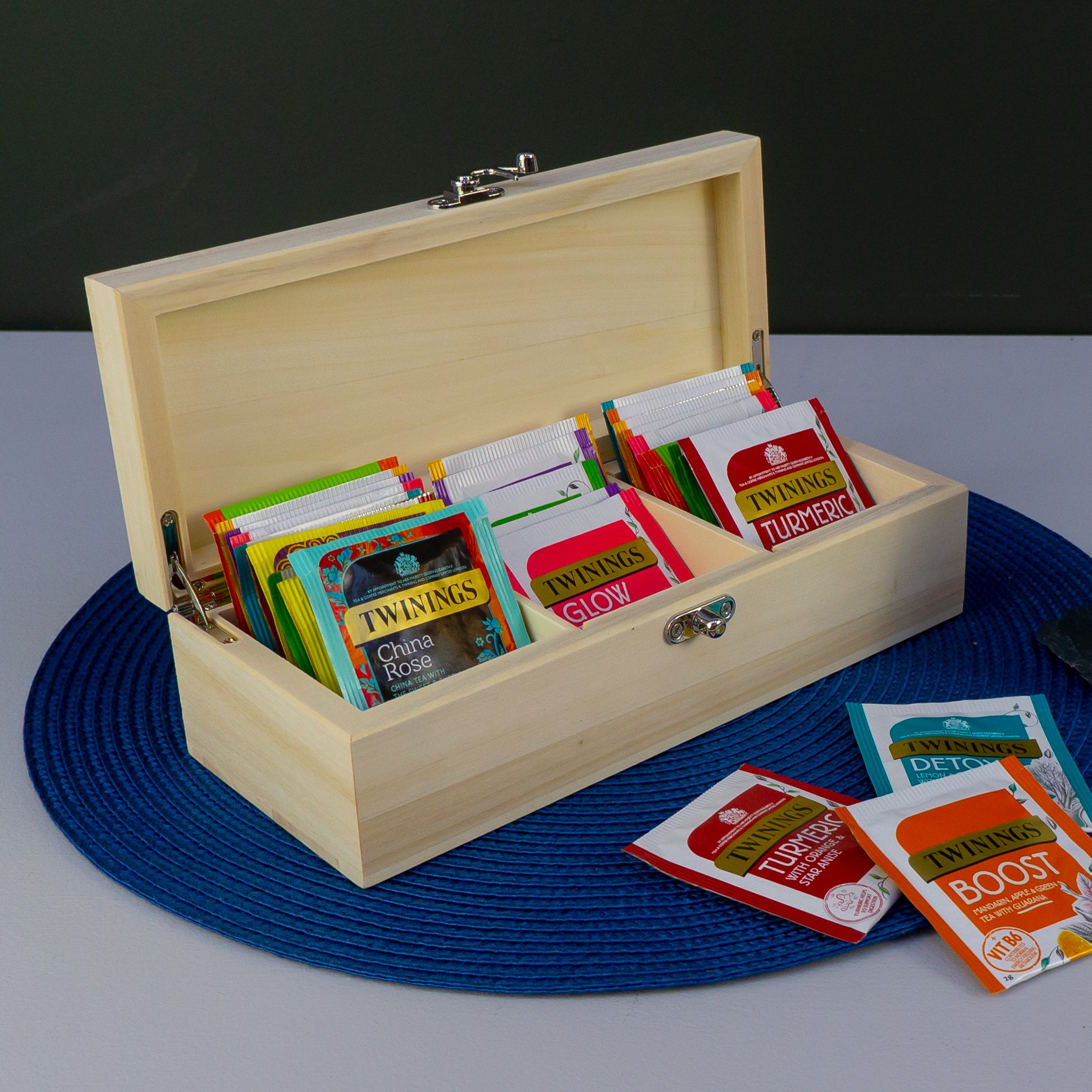 Wooden tea bag storage box. Personalised tea caddy