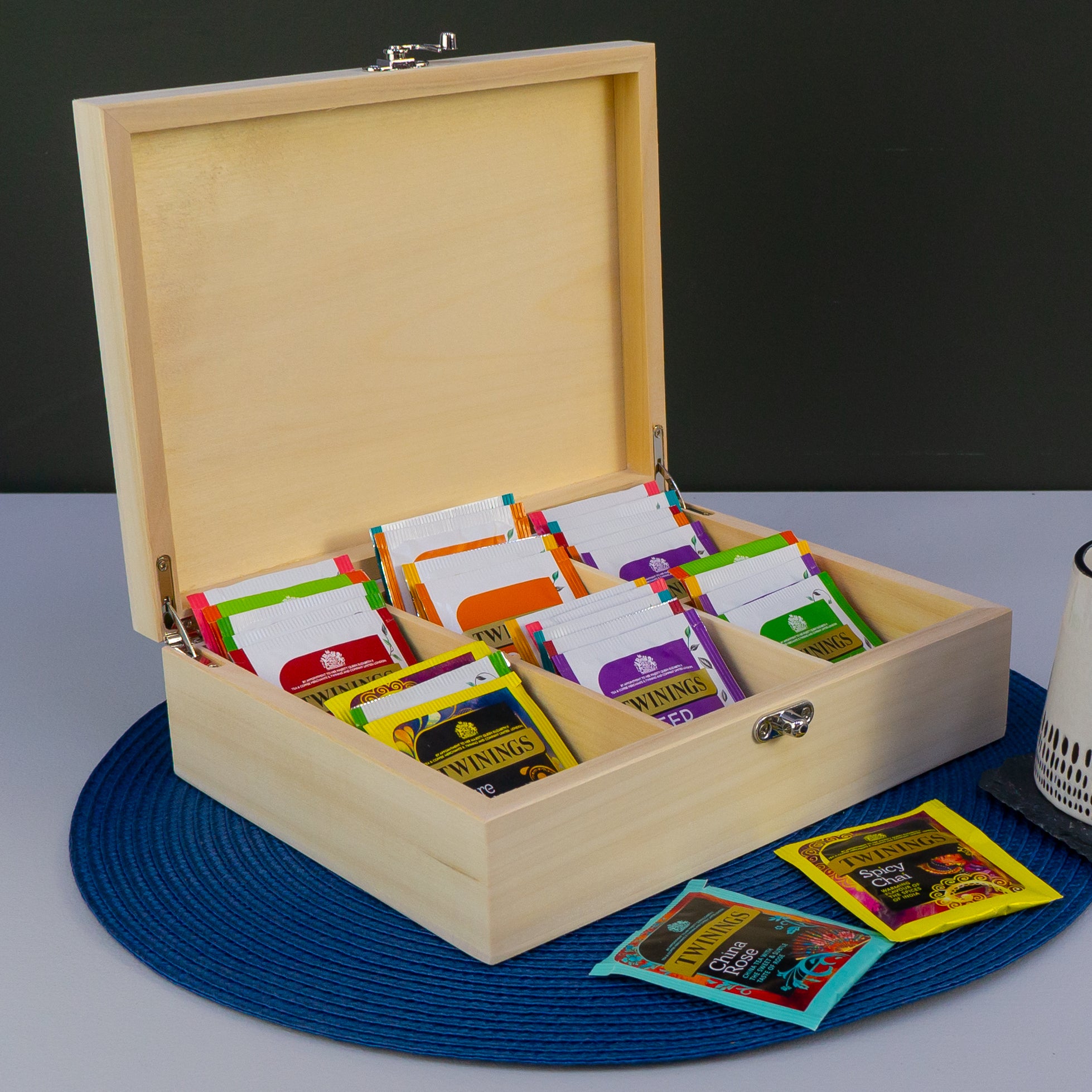 Wooden tea bag storage box. Personalised tea caddy