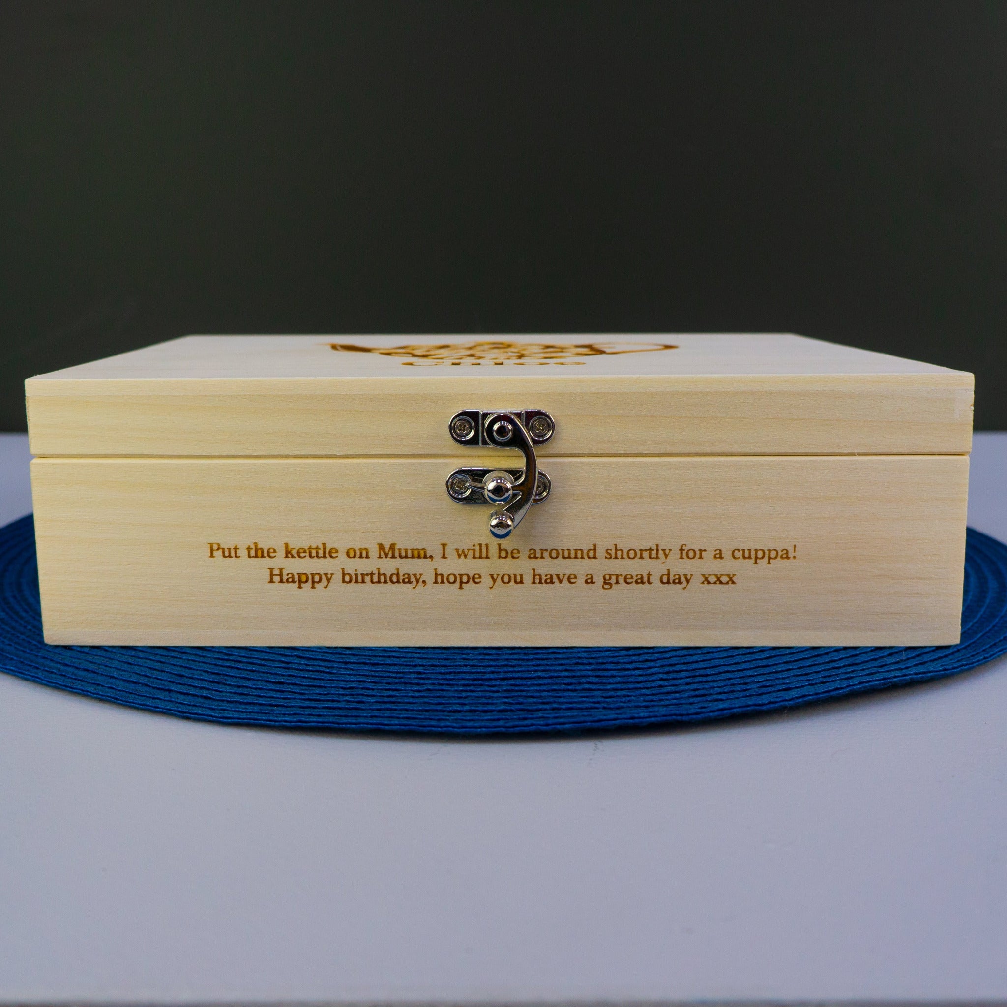 Wooden tea bag storage box. Personalised tea caddy