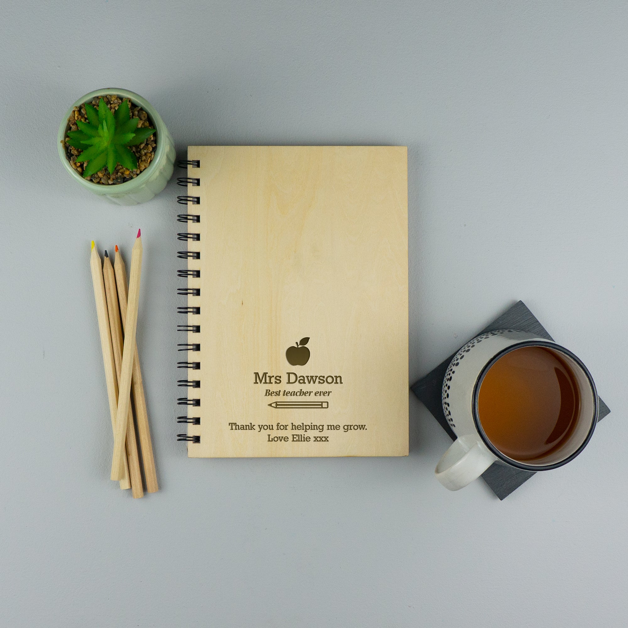 Custom engraved wooden A5 spiral bound book. End of year thank you gift.