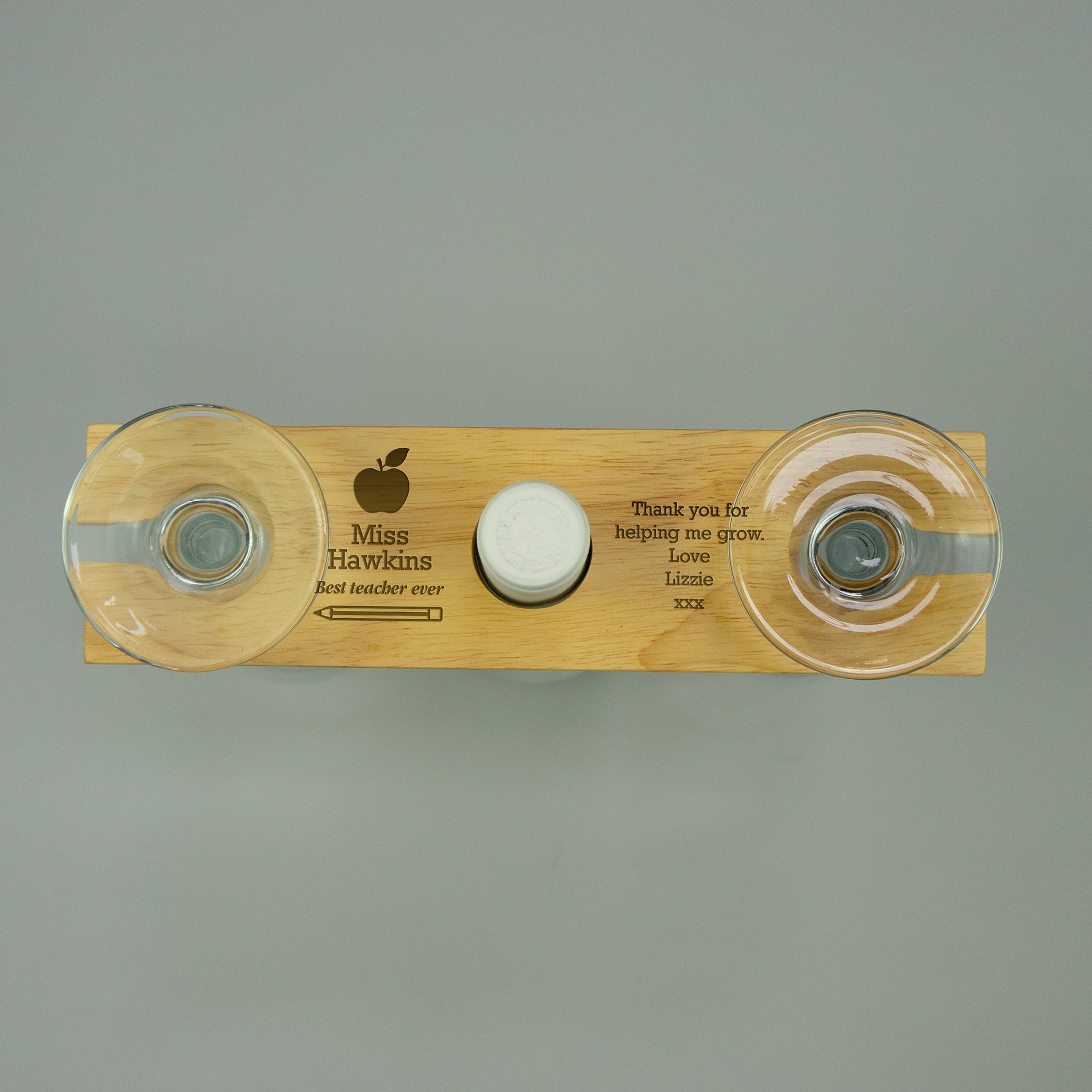 Personalised twin wine bottle and glass holder. Custom engraved teacher thank you gift