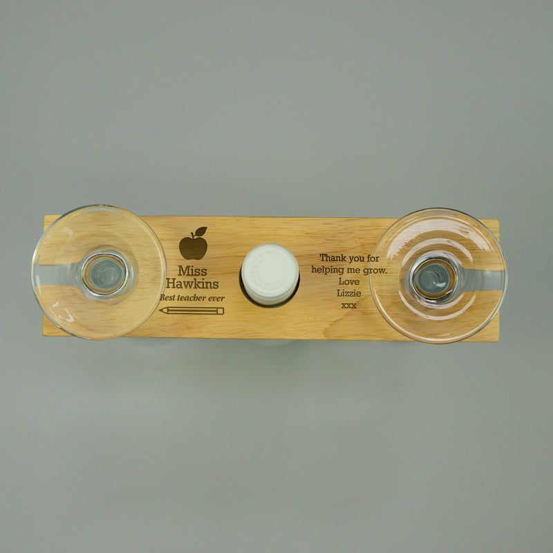 Personalised twin wine bottle and glass holder. Custom engraved teacher thank you gift