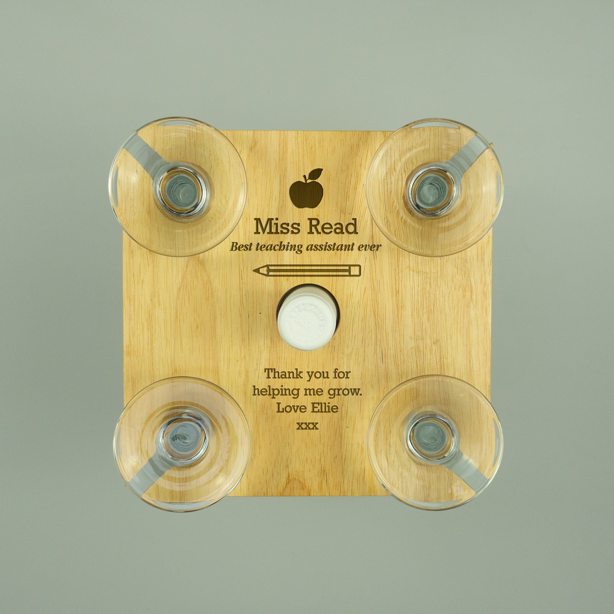 Personalised wine bottle and glass holder. End of year teacher gift