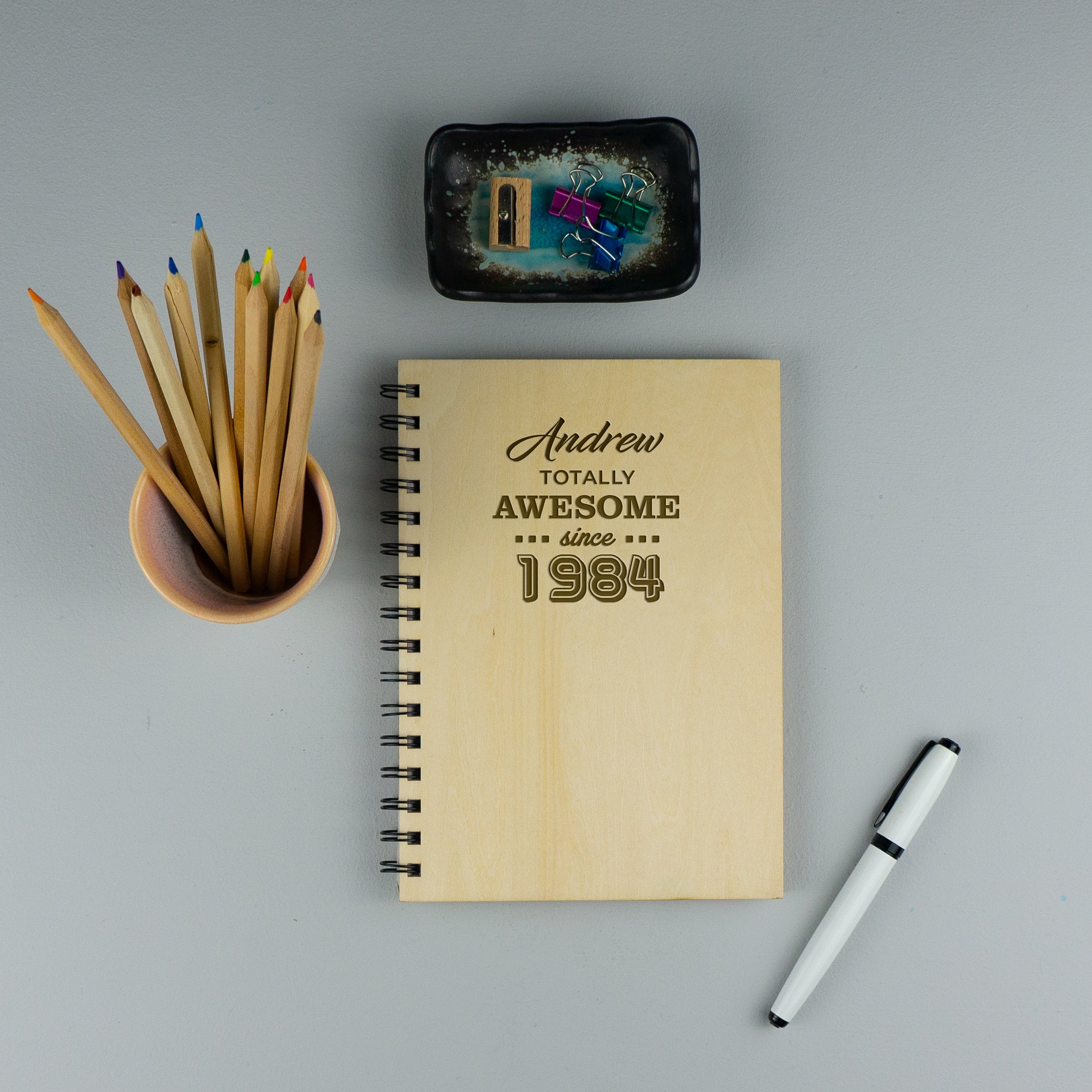 Personalised 40th birthday wooden note book. 1984 birth year gift