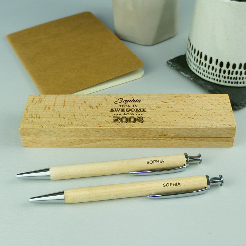 Personalised 20th birthday wooden pen set. 2004 birth year gift