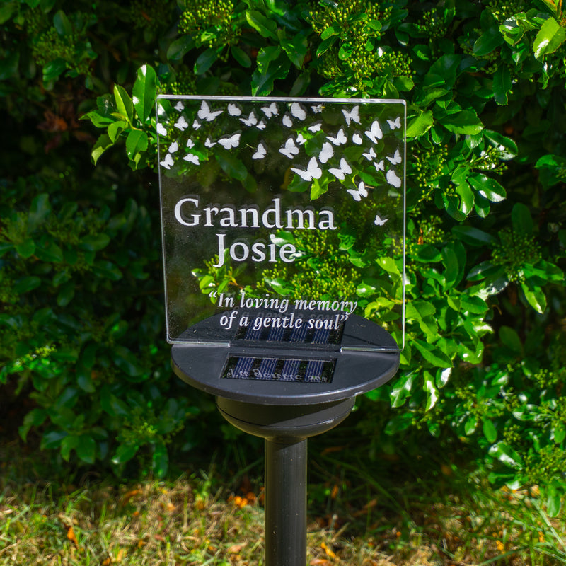 Sympathy gift Personalised LED memorial sign. Solar powered multi colour garden remembrance decoration