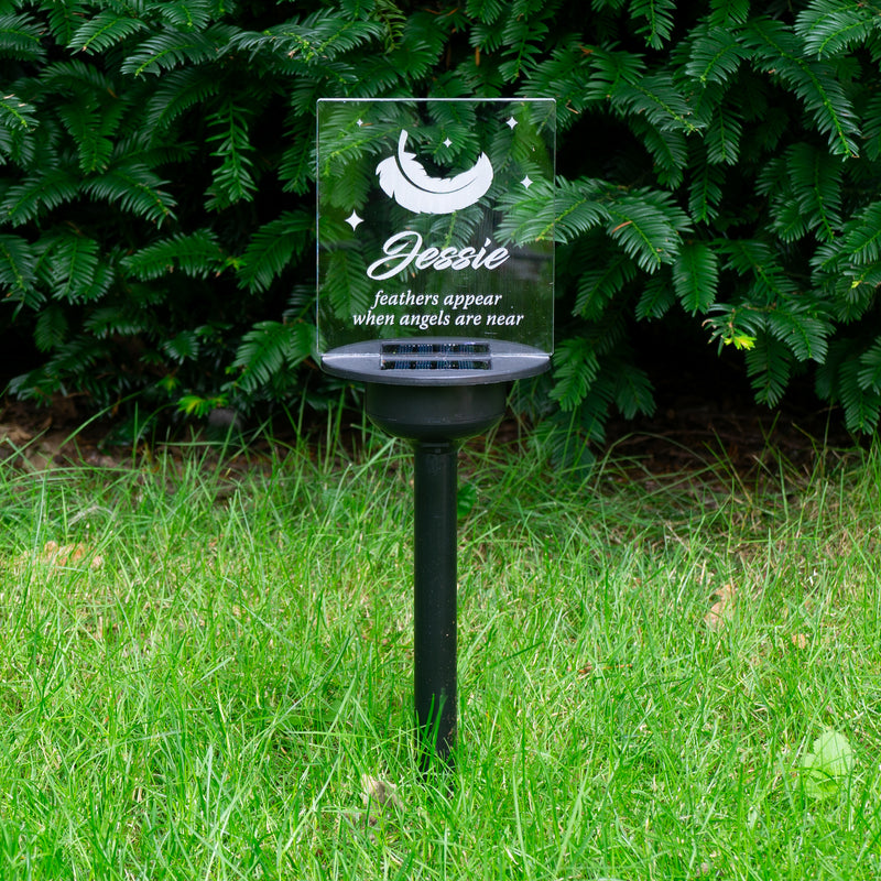 Personalised light-up LED memorial garden sign. Outdoor solar powered graveside LED name plaque.