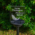 Custom graveside light up LED name plaque. Solar powered multi colour garden cemetery remembrance decor.