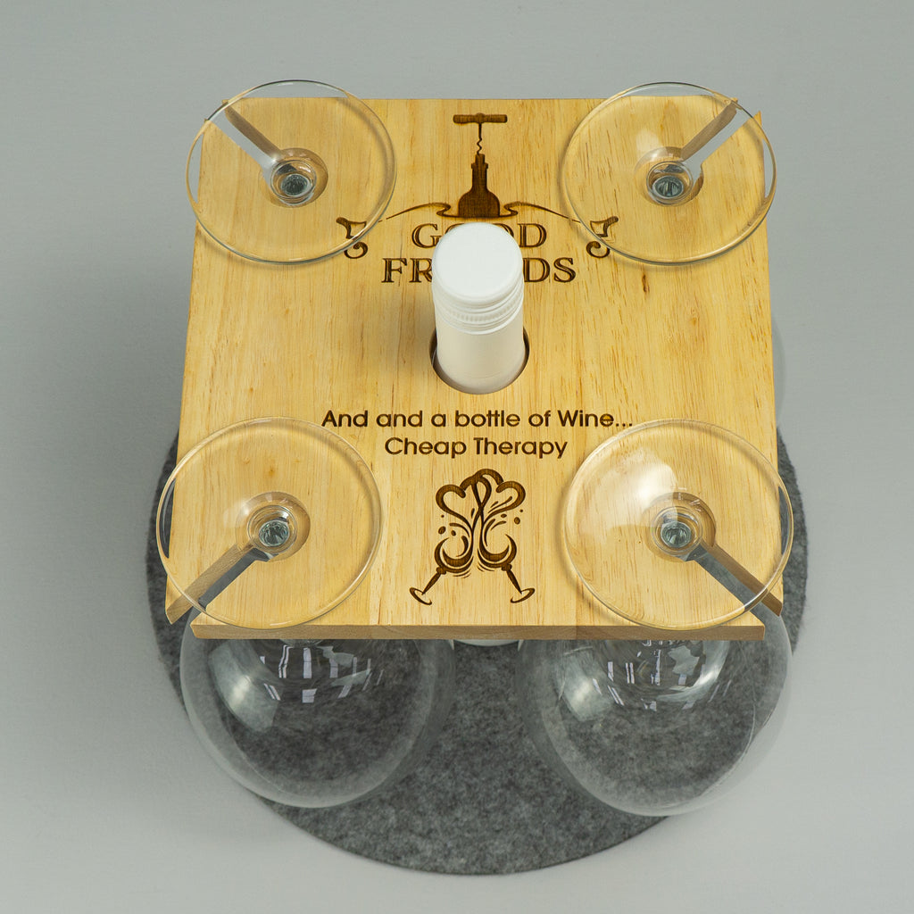 4 wine glass and bottle tray. Home bar pub gift. Belvedere Collections