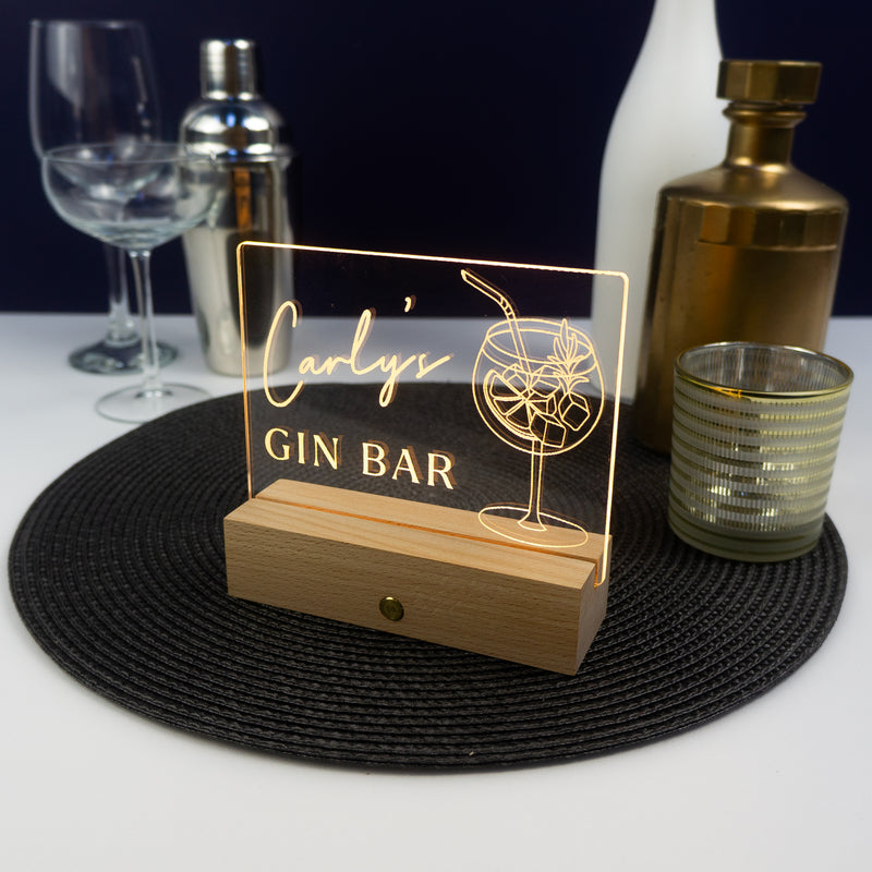 Personalised home gin bar sign. Custom mini neon light decoration