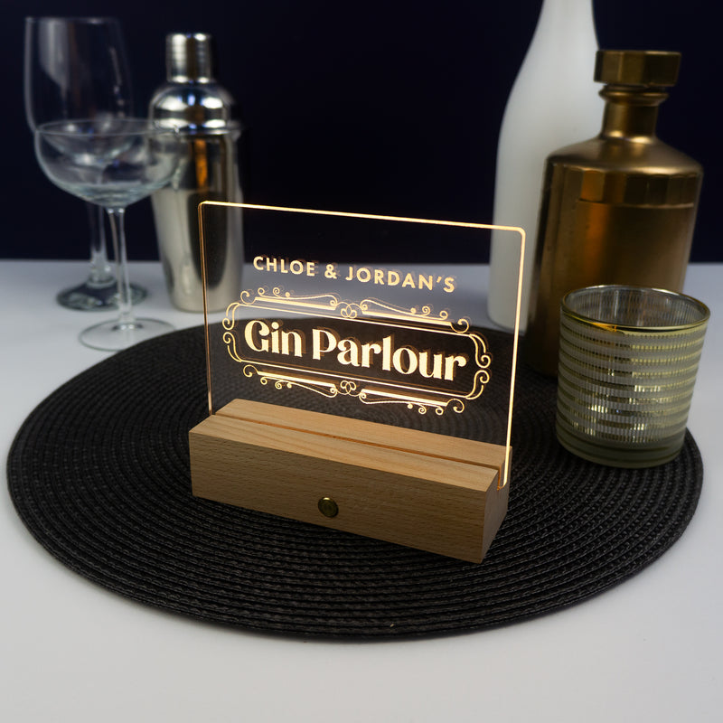 Mini personalised gin parlour sign. Small home neon decoration