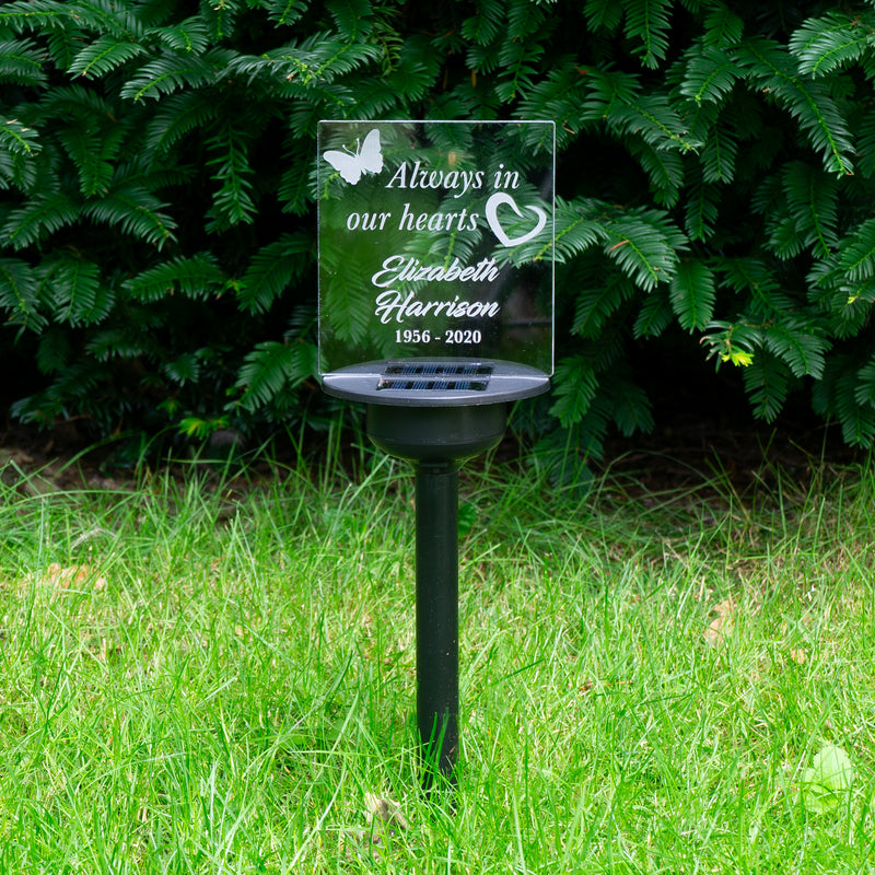 Outdoor solar powered multi colour LED memorial sign. Garden remembrance plaque