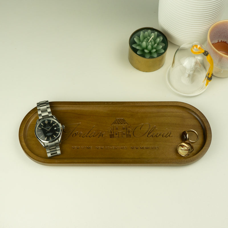 New home gift. Personalised acacia wood oval hallway landing tray