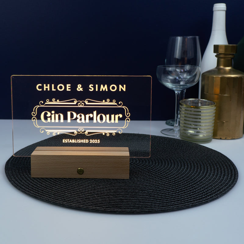 Personalised Gin Parlour LED Sign. Home barware decoration