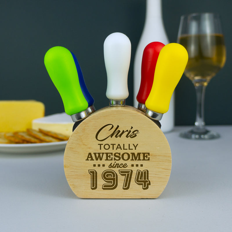 Personalised 50th birthday cheese serving knife block. 1974 birth year gift