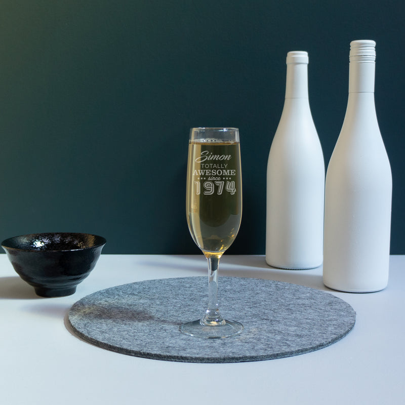 Custom engraved 50th birthday champagne glass. 1974 birth year