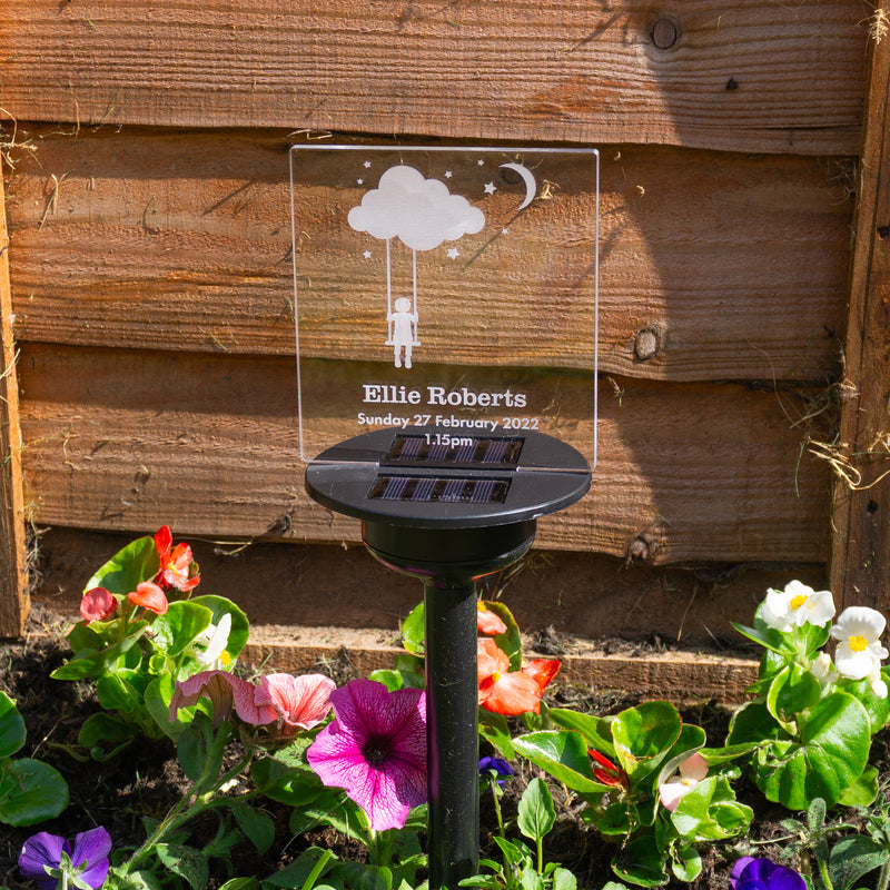 Infant loss child stillbirth memorial plaque. Personalised solar powered LED garden sign