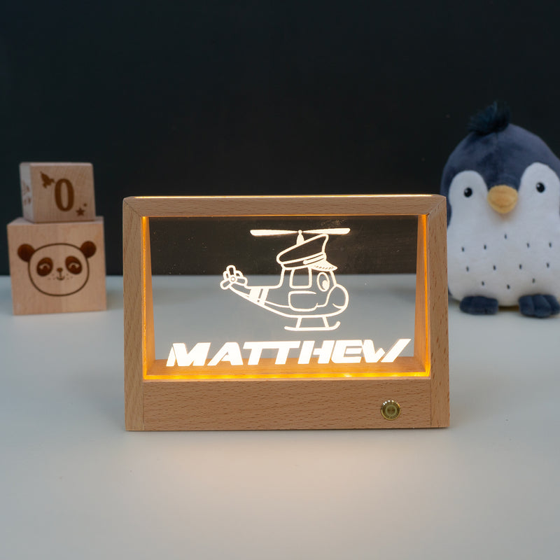 Custom made bedroom name plaque sign with cartoon helicopter