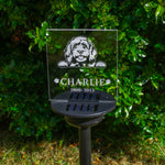 Light up LED dog memorial garden decoration. Personalised solar powered outdoor name plaque