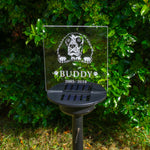 Light up LED dog memorial garden decoration. Personalised solar powered outdoor name plaque