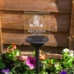 Light up LED dog memorial garden decoration. Personalised solar powered outdoor name plaque
