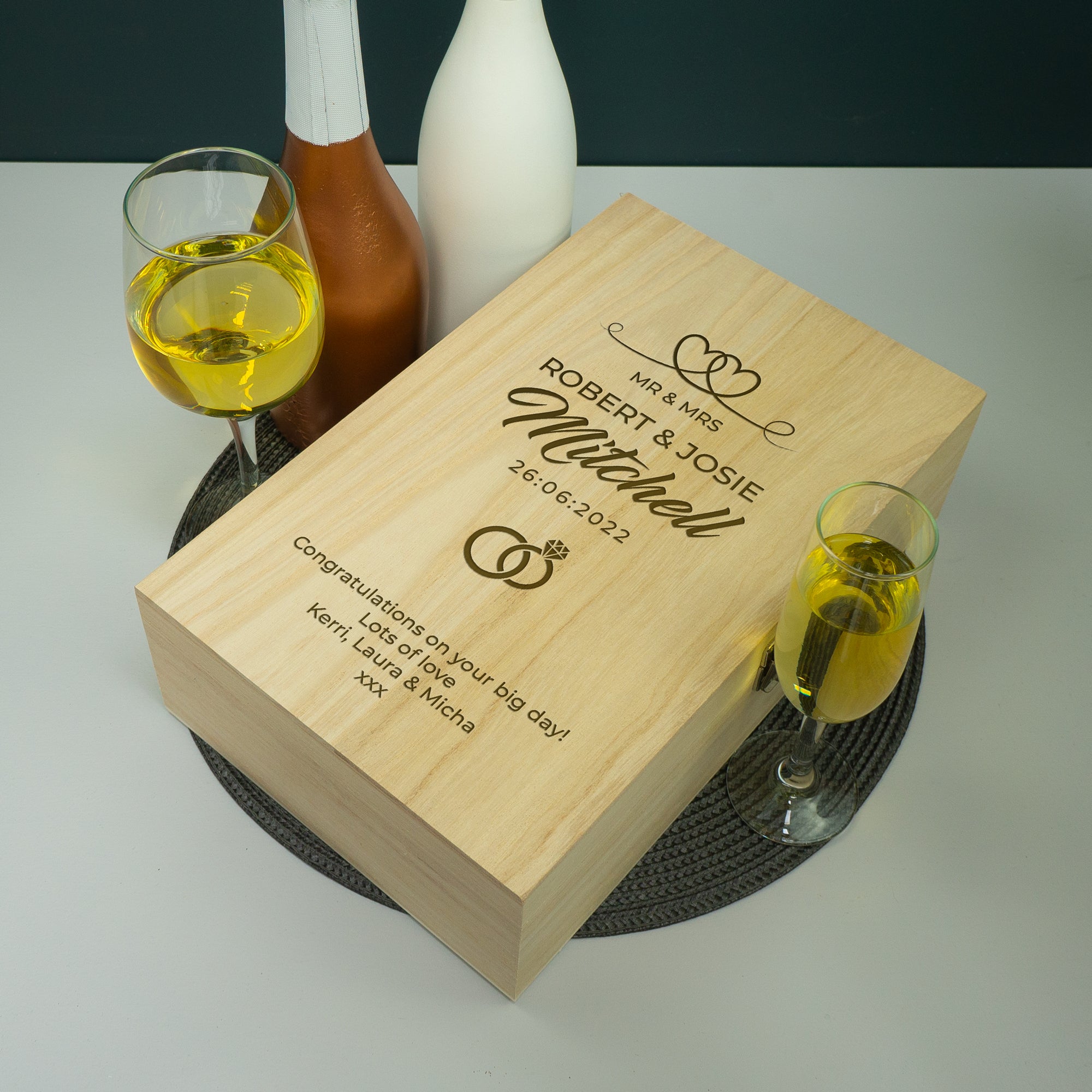 Personalised wedding twin champagne bottle gifting box