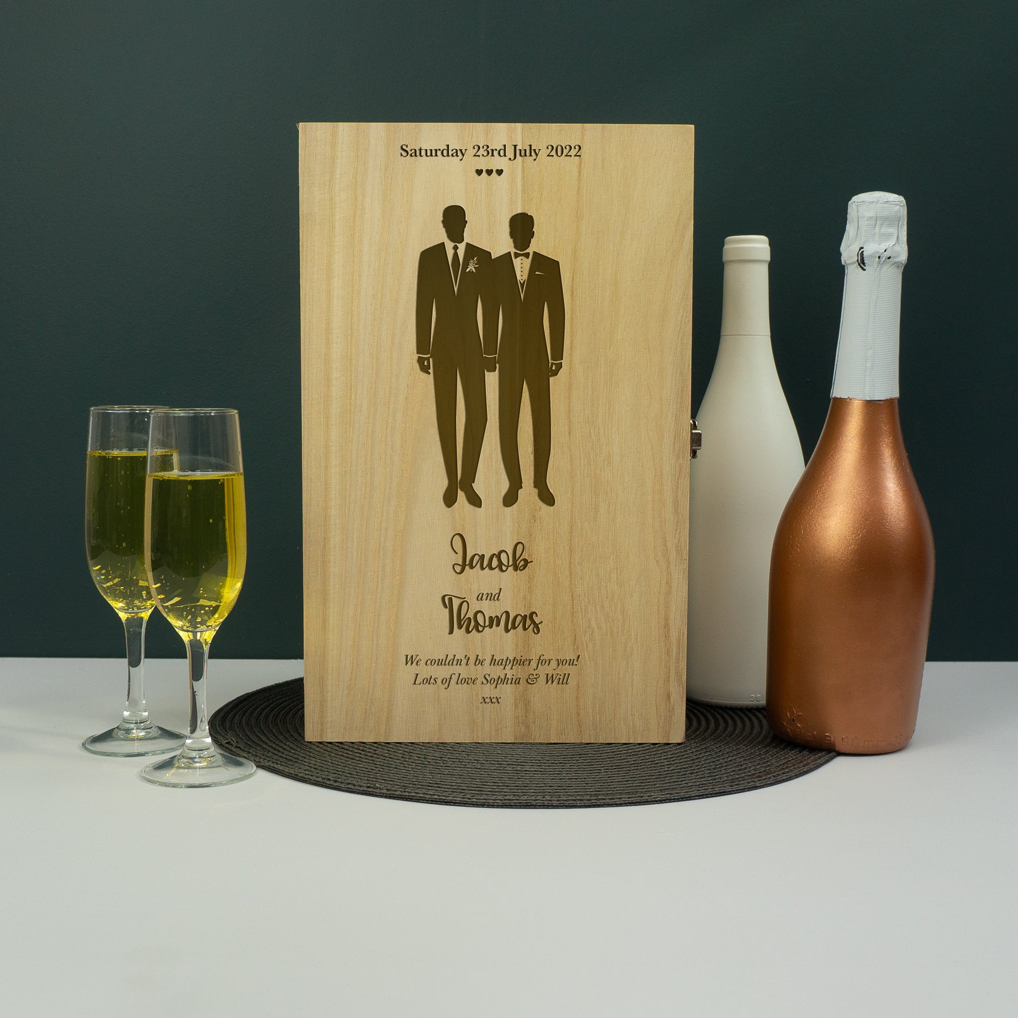 Custom engraved gay marriage twin champagne bottle gift box LGBTQ+