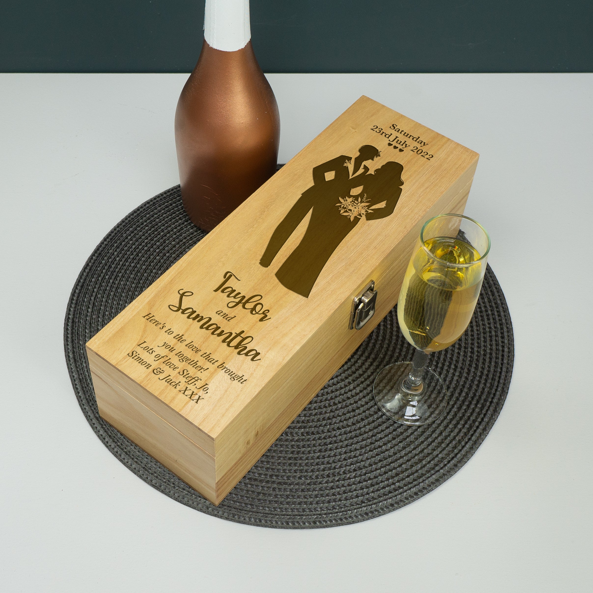 Custom engraved bride and bride marriage champagne bottle gifting box LGBTQ+