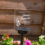 Floral sympathy gift custom made grave marker. Personalised solar powered light up LED sign. Memorial garden graveside name plaque