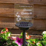 Floral sympathy gift custom made grave marker. Personalised solar powered light up LED sign. Memorial garden graveside name plaque