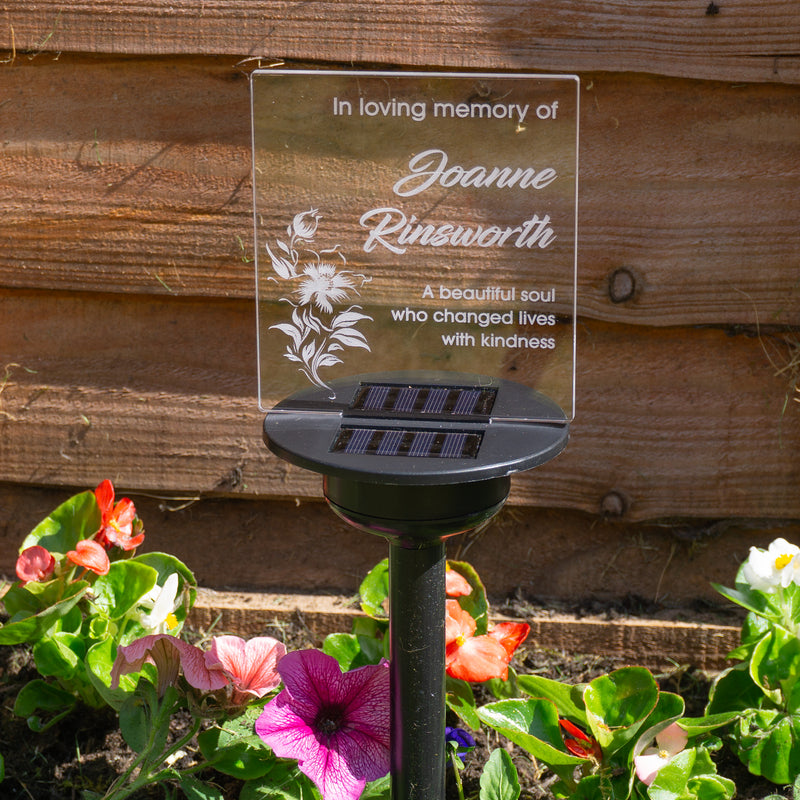Floral sympathy gift custom made grave marker. Personalised solar powered light up LED sign. Memorial garden graveside name plaque