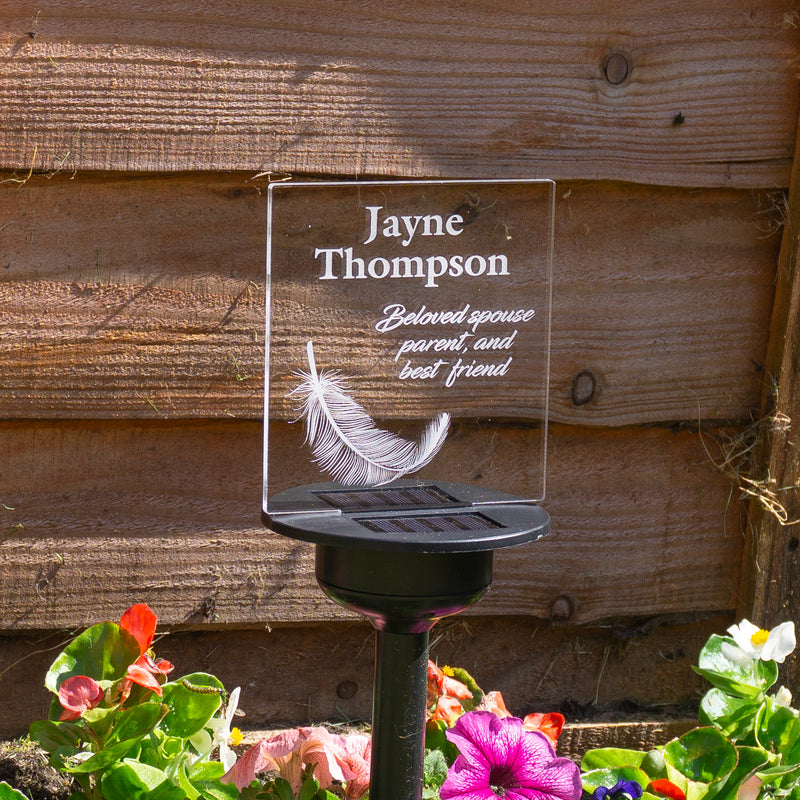 Custom graveside light up LED name plaque. Solar powered multi colour garden cemetery remembrance decor.