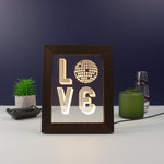 Funny framed artwork LED sign. Mirror disco ball love. Retro typography graphic design art