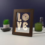 Funny framed artwork LED sign. Mirror disco ball love. Retro typography graphic design art