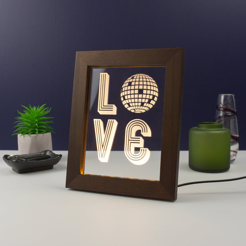 Funny framed artwork LED sign. Mirror disco ball love. Retro typography graphic design art