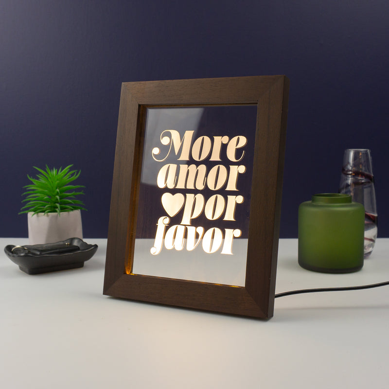 Funny framed artwork LED sign. More amor por favor retro typography graphic design