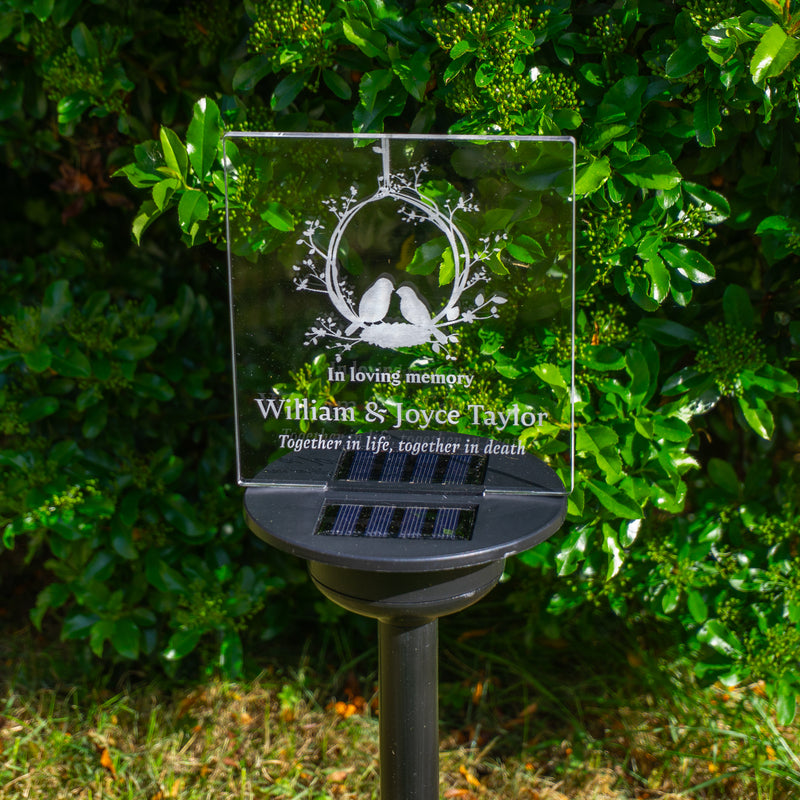 Custom memorial plaque for parents or grandparents. Personalised solar power garden graveside light up sign. in memory of, condolence gift