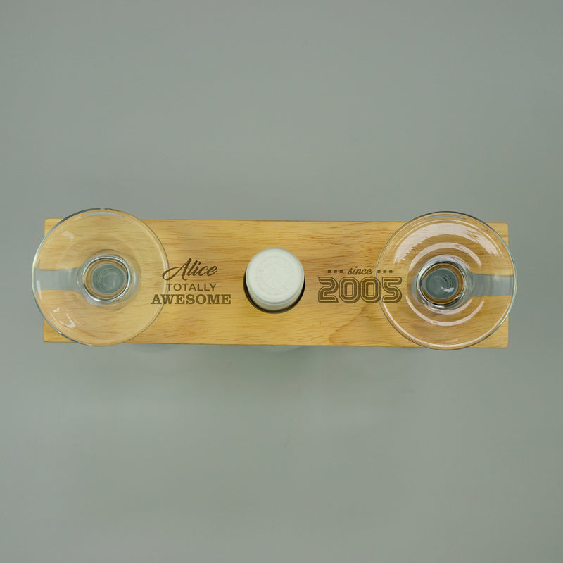 Personalised 20th Birthday present Gift for wine lover Custom engraved twin glasses bottle tray