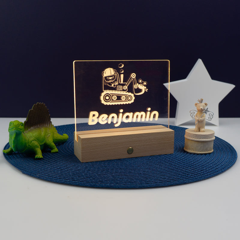 Personalised child's digger bedroom name sign. Light up LED decoration