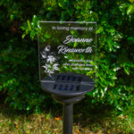 Floral sympathy gift custom made grave marker. Personalised solar powered light up LED sign. Memorial garden graveside name plaque