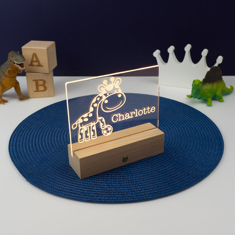Personalised bedroom name sign. Light up baby football giraffe LED decor