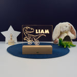 Personalised child's dinosaur LED name plaque. Light up bedroom sign