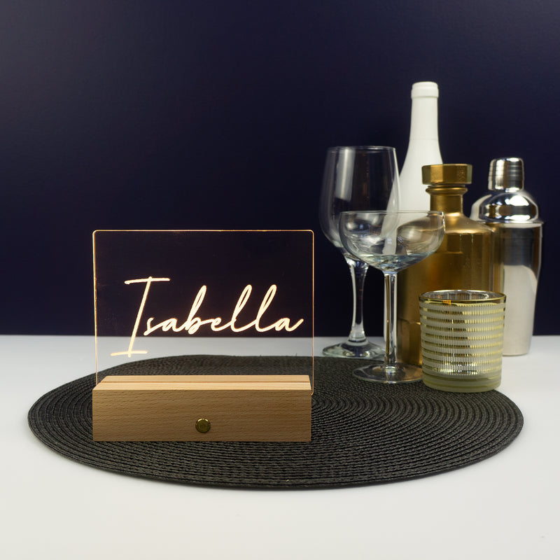 Personalised mini light up LED sign. Cursive text name plaque